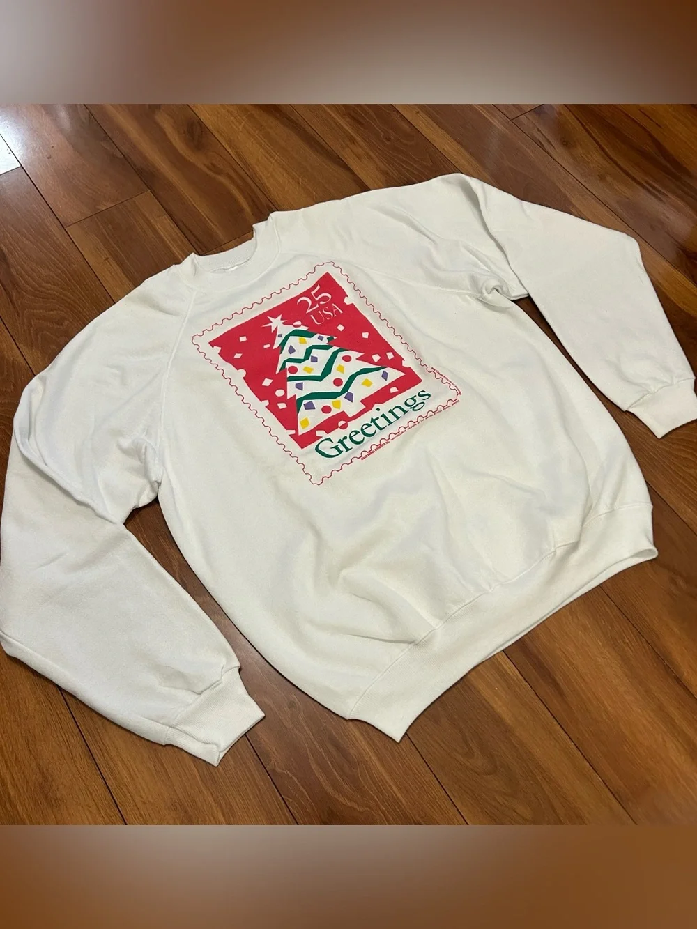Vintage 1990 USPS Christmas Sweater  XL Christmas Tree 25 Cent Stamp Min Wear